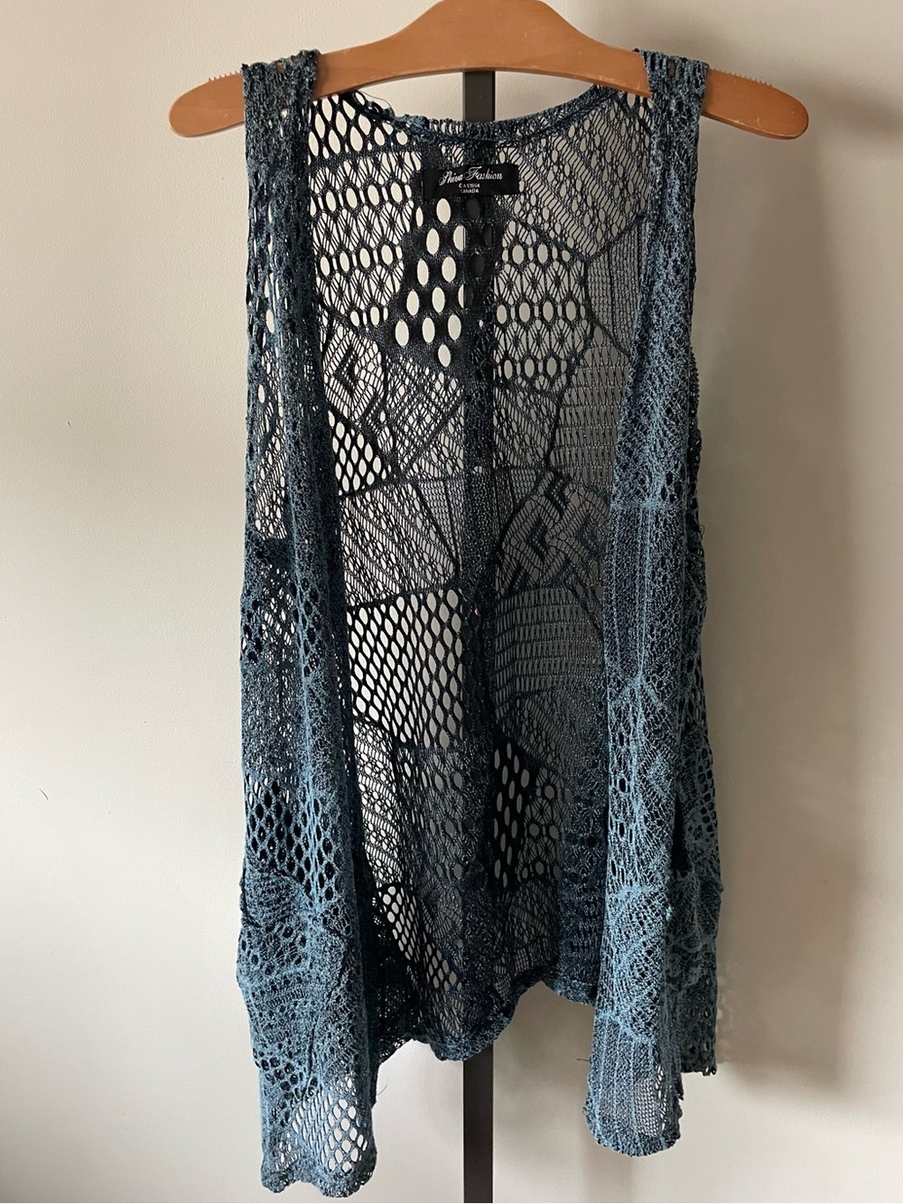 90s Y2K Vintage Shiva Fashions Canada Crochet Mesh Open Duster Cardigan Vest